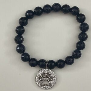 Blue Sandstone Stretch Beaded Bracelet with CZ Paw Print Charm